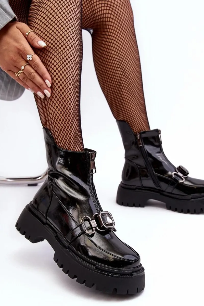 Best Lakierowane Damskie Botki Na Suwak D&A MR870-94 Czarne Damskie Botki Ocieplane|Botki Zimowe Damskie