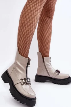 Botki Ocieplane|Botki Zimowe Damskie>Damskie buty S.Barski Lakierowane Damskie Botki Na Suwak D&A MR870-94 Jasnoszare Szary