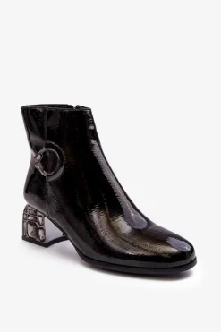 Botki Na Słupku|Botki Zimowe Damskie>Damskie buty S.Barski Lakierowane Damskie Botki Na Zdobionym Obcasie D&A MR870-93 Czarne