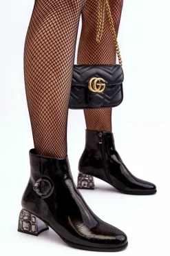 Botki Na Słupku|Botki Zimowe Damskie>Damskie buty S.Barski Lakierowane Damskie Botki Na Zdobionym Obcasie D&A MR870-93 Czarne