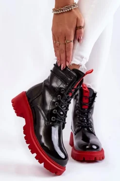 Damskie Trapery|Botki Sznurowane>Boto Lakierowane Damskie Botki La.Fi 250045R-LA Czarno-Czerwone