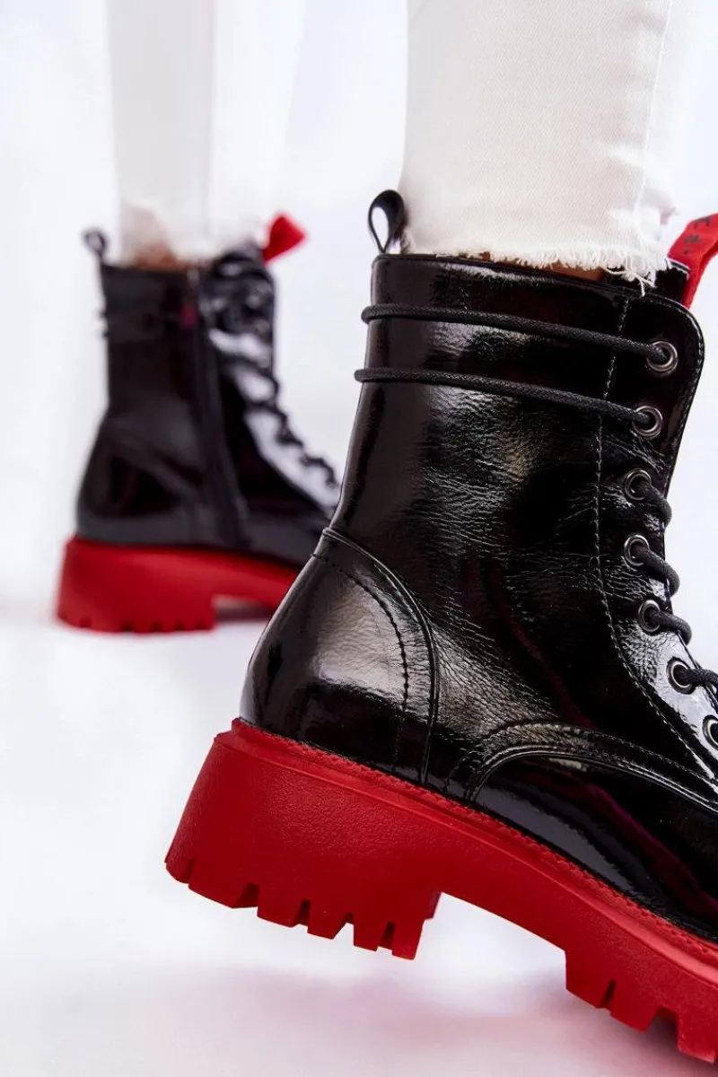 Damskie Trapery|Botki Sznurowane>Boto Lakierowane Damskie Botki La.Fi 250045R-LA Czarno-Czerwone