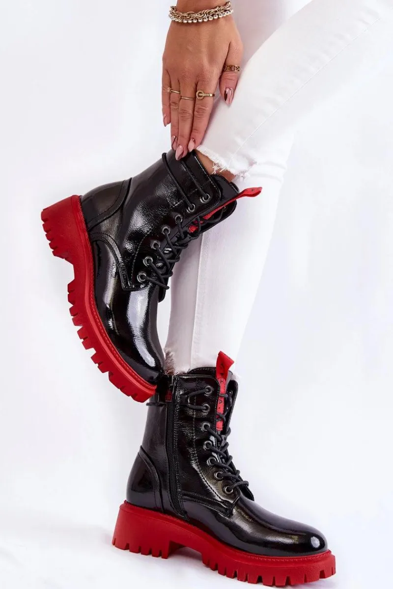 Damskie Trapery|Botki Sznurowane>Boto Lakierowane Damskie Botki La.Fi 250045R-LA Czarno-Czerwone