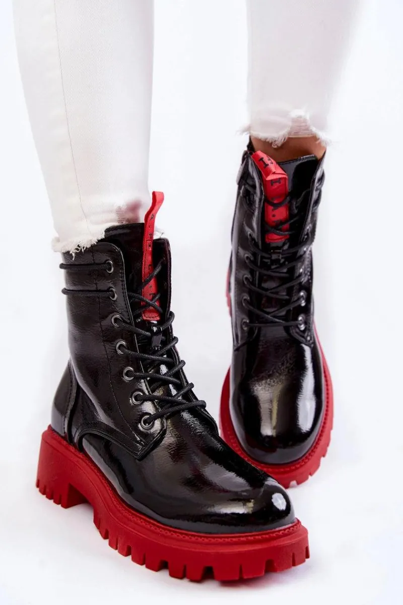 Damskie Trapery|Botki Sznurowane>Boto Lakierowane Damskie Botki La.Fi 250045R-LA Czarno-Czerwone
