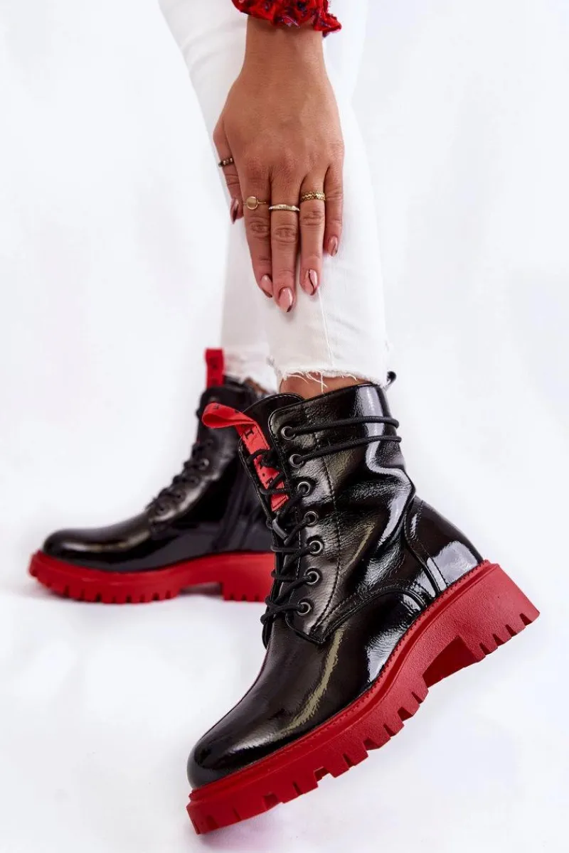 Damskie Trapery|Botki Sznurowane>Boto Lakierowane Damskie Botki La.Fi 250045R-LA Czarno-Czerwone