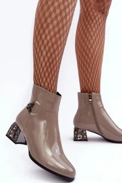 Best Lakierowane Damskie Botki Na Zdobionym Obcasie D&A MR870-93 Szare Damskie Botki Na Słupku|Botki Zimowe Damskie