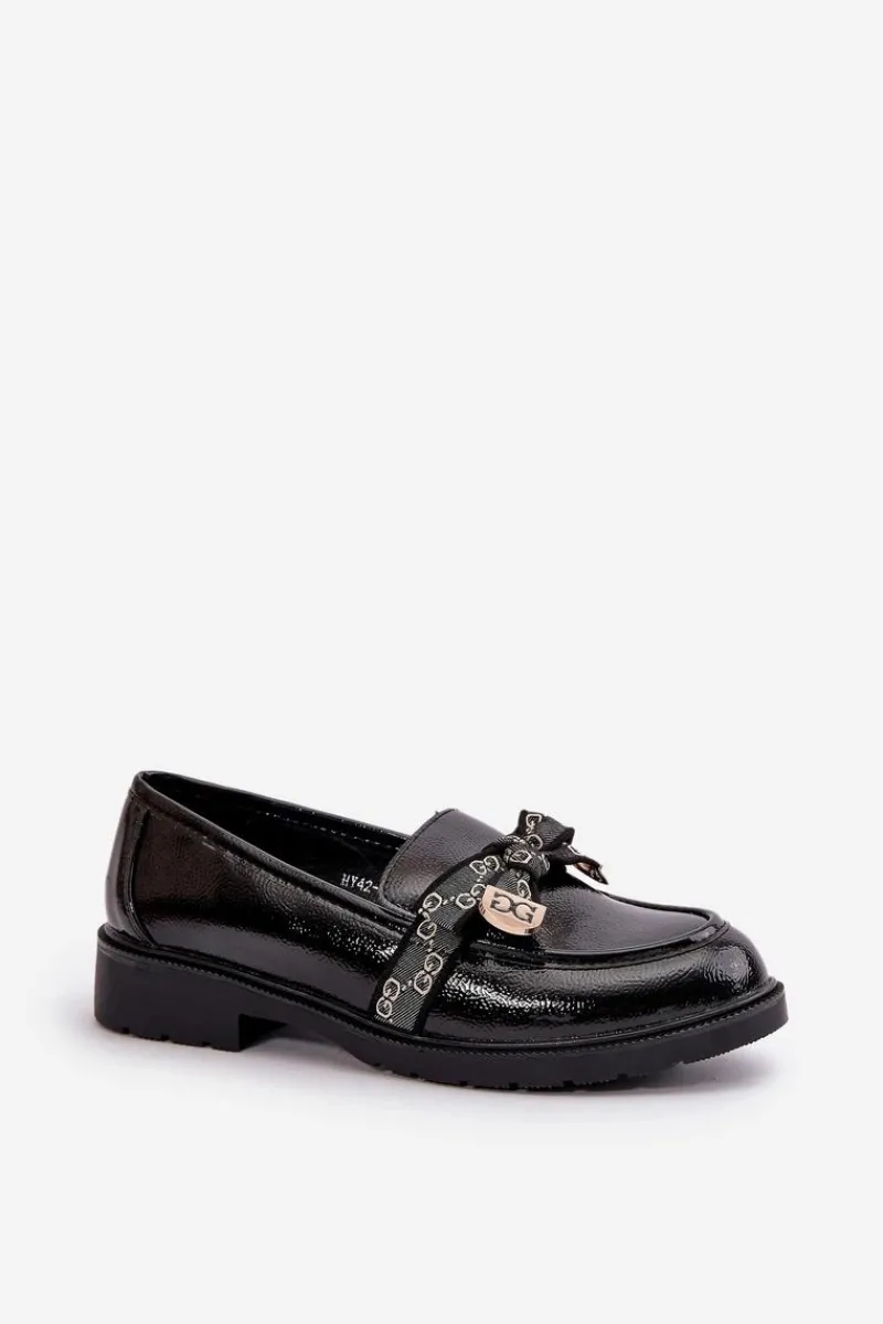 Loafersy Damskie|Mokasyny Płaskie>Damskie buty S.Barski Lakierowane Damskie Mokasyny Z Kokardą S.Barski HY42-331A Czarne Czarny