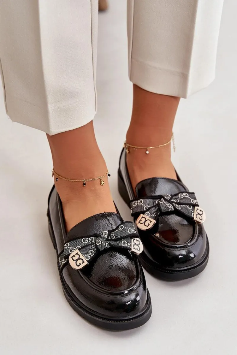Loafersy Damskie|Mokasyny Płaskie>Damskie buty S.Barski Lakierowane Damskie Mokasyny Z Kokardą S.Barski HY42-331A Czarne Czarny