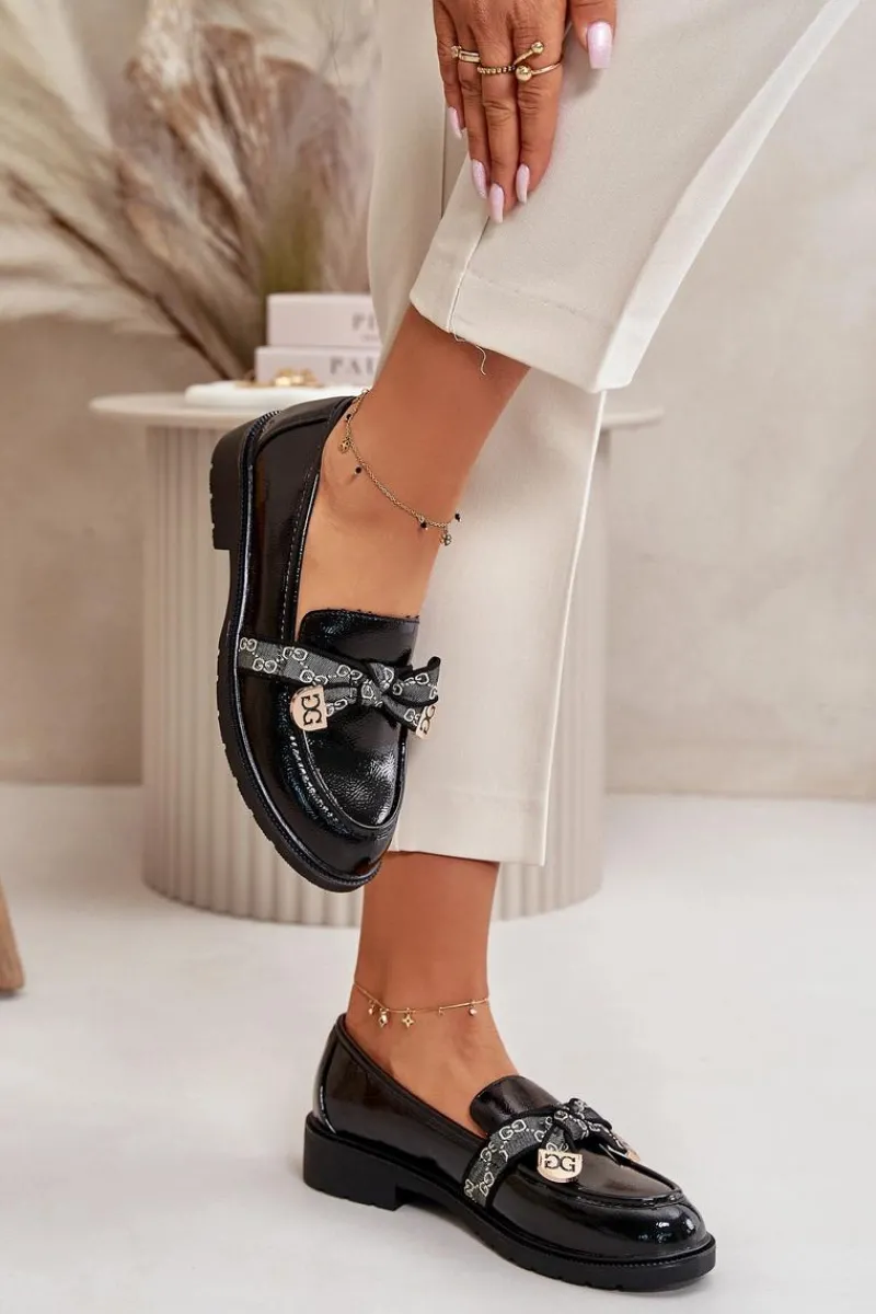 Loafersy Damskie|Mokasyny Płaskie>Damskie buty S.Barski Lakierowane Damskie Mokasyny Z Kokardą S.Barski HY42-331A Czarne Czarny