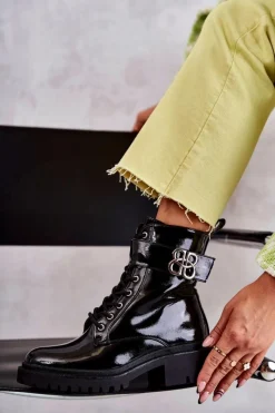 Sale Boto Lakierowane Damskie Ocieplane Botki Z Ozdobą Czarne Hayes