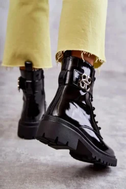 Sale Boto Lakierowane Damskie Ocieplane Botki Z Ozdobą Czarne Hayes