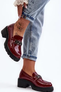 Hot Boto Lakierowane Damskie Półbuty Na Niskim Obcasie Bordowe Blimma