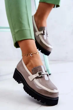 Clearance Damskie buty S.Barski Lakierowane Damskie Półbuty Loafery Beżowo-Białe Cassida