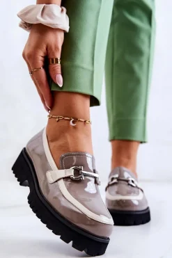 Clearance Damskie buty S.Barski Lakierowane Damskie Półbuty Loafery Beżowo-Białe Cassida