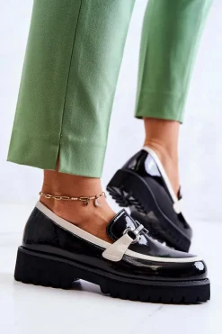 Półbuty Lakierowane>Damskie buty S.Barski Lakierowane Damskie Półbuty Loafery Czarno-Białe Cassida