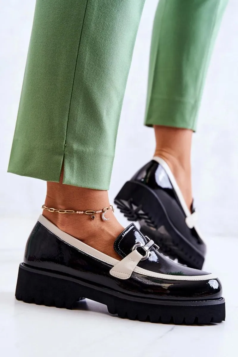 Półbuty Lakierowane>Damskie buty S.Barski Lakierowane Damskie Półbuty Loafery Czarno-Białe Cassida