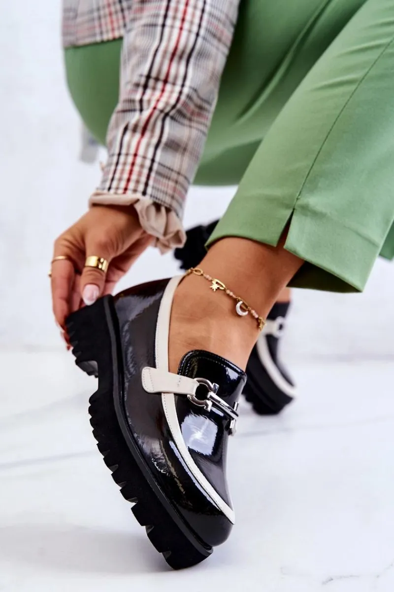 Półbuty Lakierowane>Damskie buty S.Barski Lakierowane Damskie Półbuty Loafery Czarno-Białe Cassida