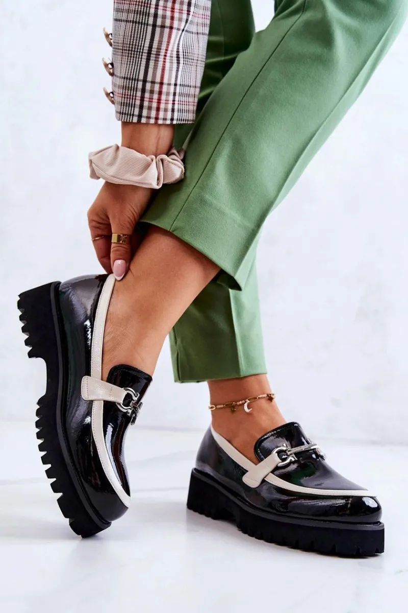 Półbuty Lakierowane>Damskie buty S.Barski Lakierowane Damskie Półbuty Loafery Czarno-Białe Cassida