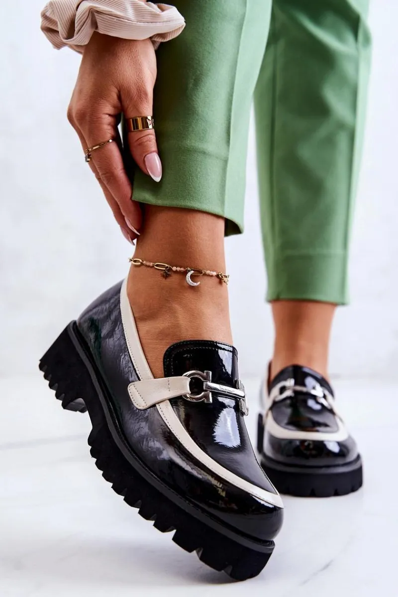 Półbuty Lakierowane>Damskie buty S.Barski Lakierowane Damskie Półbuty Loafery Czarno-Białe Cassida