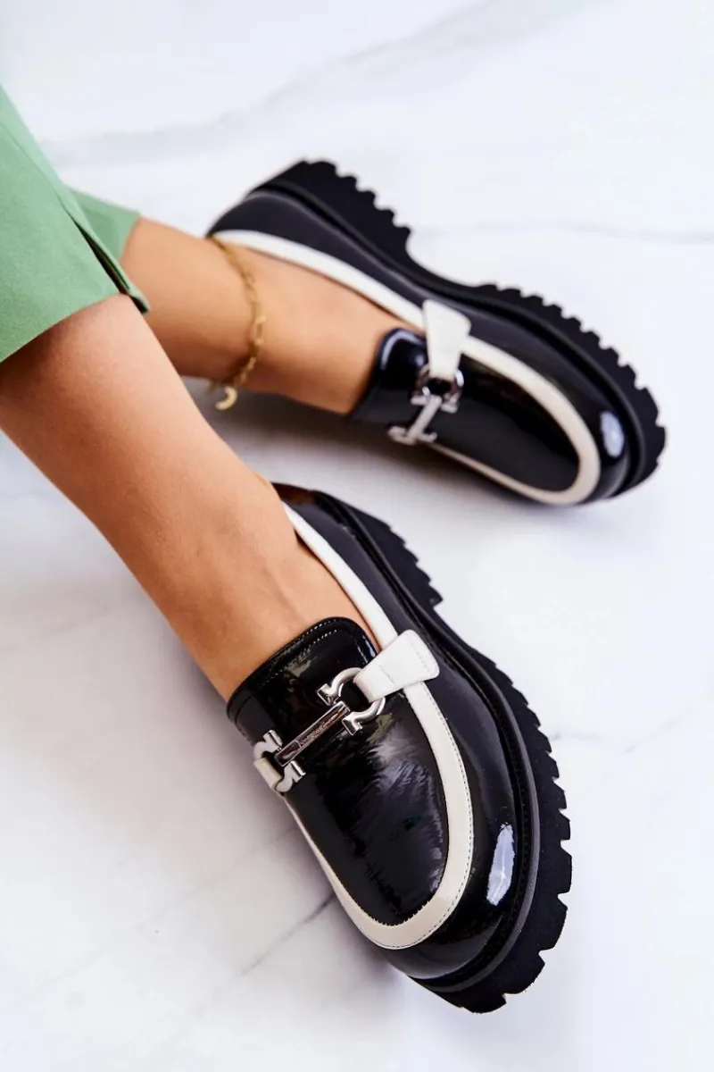 Półbuty Lakierowane>Damskie buty S.Barski Lakierowane Damskie Półbuty Loafery Czarno-Białe Cassida