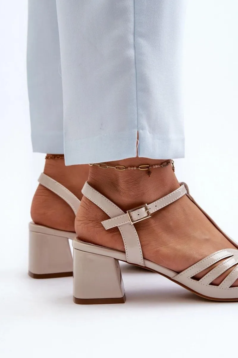 Sandały Na Obcasie>Buty Sergio Leone Lakierowane Damskie Sandały Na Obcasie Sergio Leone SK880 Beżowe Beżowy