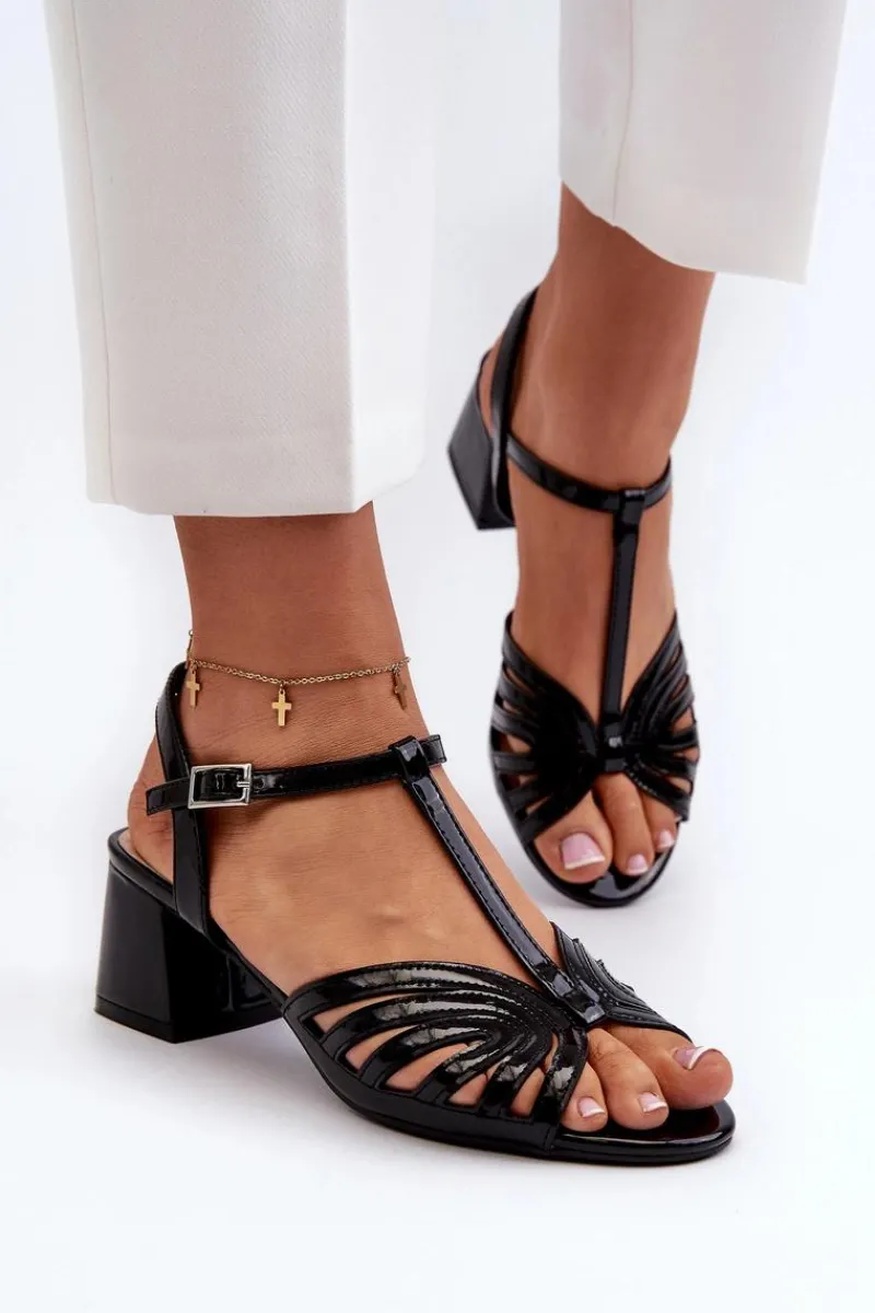 Hot Lakierowane Damskie Sandały Na Obcasie Sergio Leone SK880 Czarne Damskie Sandały Na Obcasie