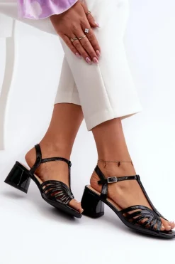 Hot Lakierowane Damskie Sandały Na Obcasie Sergio Leone SK880 Czarne Damskie Sandały Na Obcasie
