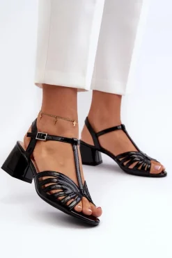 Hot Lakierowane Damskie Sandały Na Obcasie Sergio Leone SK880 Czarne Damskie Sandały Na Obcasie