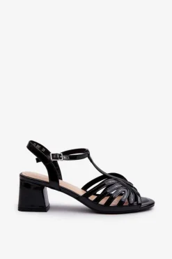 Hot Lakierowane Damskie Sandały Na Obcasie Sergio Leone SK880 Czarne Damskie Sandały Na Obcasie