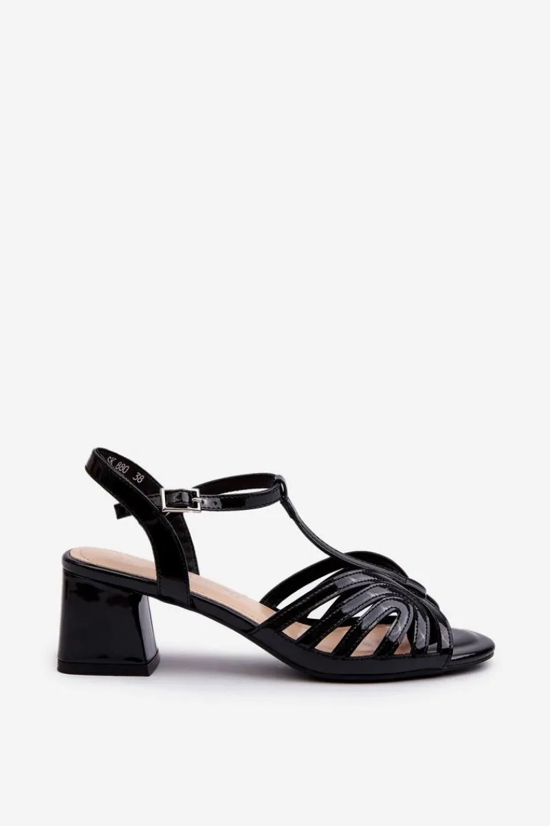 Hot Lakierowane Damskie Sandały Na Obcasie Sergio Leone SK880 Czarne Damskie Sandały Na Obcasie