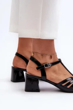 Hot Lakierowane Damskie Sandały Na Obcasie Sergio Leone SK880 Czarne Damskie Sandały Na Obcasie