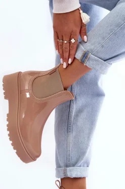 Czarne Botki|Botki Płaskie>Big Star Shoes Lakierowane Kalosze Botki Na Platformie Big Star MM274396 Beżowe Beżowy