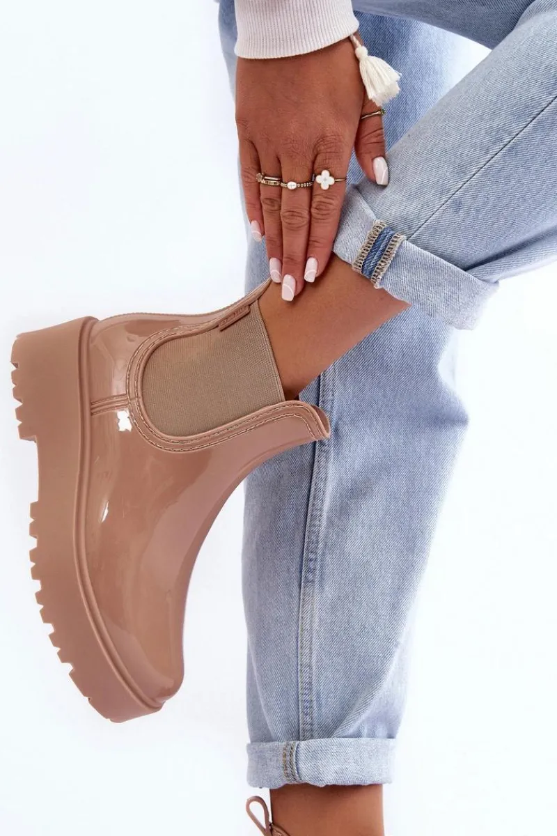 Czarne Botki|Botki Płaskie>Big Star Shoes Lakierowane Kalosze Botki Na Platformie Big Star MM274396 Beżowe Beżowy