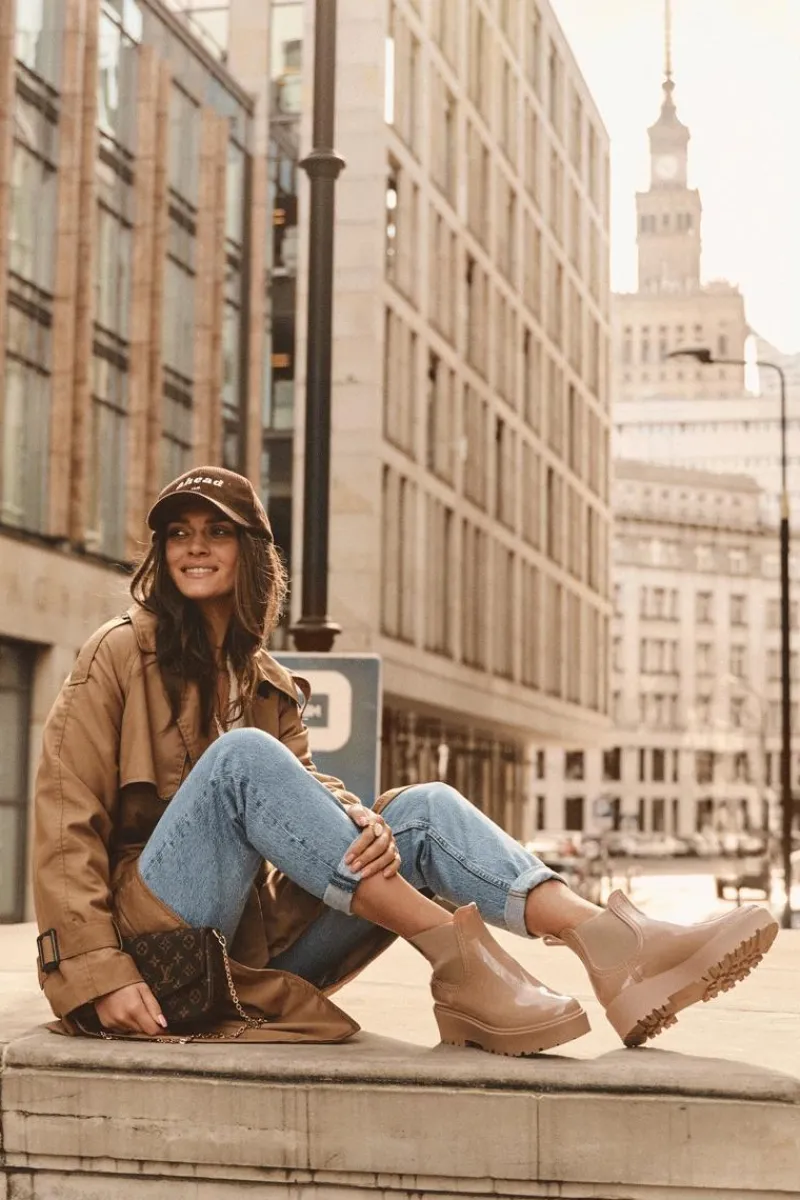 Czarne Botki|Botki Płaskie>Big Star Shoes Lakierowane Kalosze Botki Na Platformie Big Star MM274396 Beżowe Beżowy