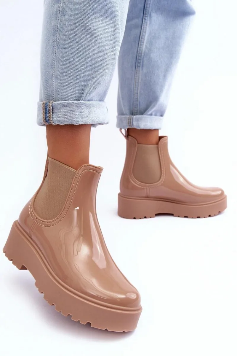 Czarne Botki|Botki Płaskie>Big Star Shoes Lakierowane Kalosze Botki Na Platformie Big Star MM274396 Beżowe Beżowy