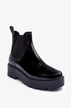 Online Lakierowane Kalosze Botki Na Platformie Big Star MM274395 Czarne Damskie Czarne Botki|Botki Płaskie