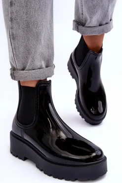 Online Lakierowane Kalosze Botki Na Platformie Big Star MM274395 Czarne Damskie Czarne Botki|Botki Płaskie