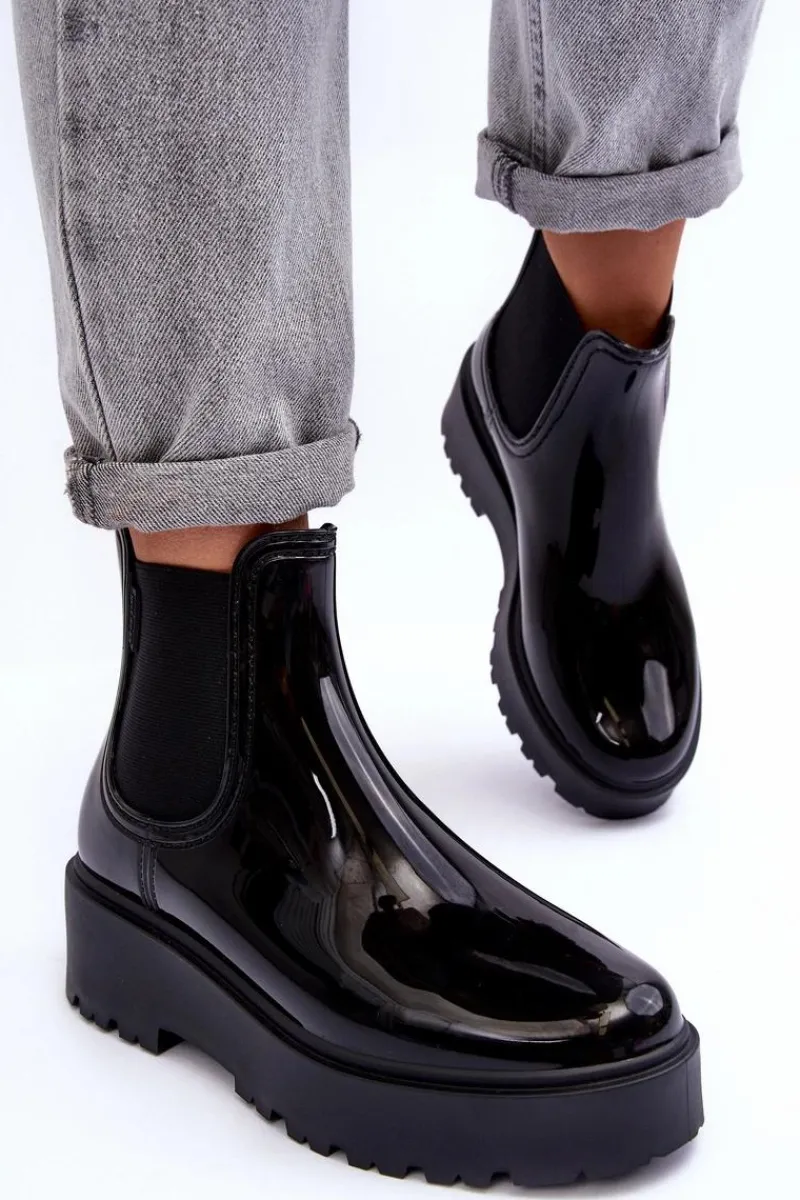 Online Lakierowane Kalosze Botki Na Platformie Big Star MM274395 Czarne Damskie Czarne Botki|Botki Płaskie