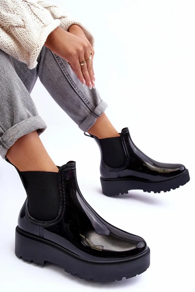 Online Lakierowane Kalosze Botki Na Platformie Big Star MM274395 Czarne Damskie Czarne Botki|Botki Płaskie