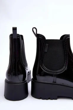 Online Lakierowane Kalosze Botki Na Platformie Big Star MM274395 Czarne Damskie Czarne Botki|Botki Płaskie
