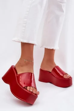 Lakierowane Klapki Damskie Na Platformie I Koturnie Czerwone Nellevia Damskie Klapki Na Koturnie|Klapki Na Platformie