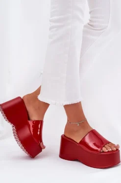 Lakierowane Klapki Damskie Na Platformie I Koturnie Czerwone Nellevia Damskie Klapki Na Koturnie|Klapki Na Platformie