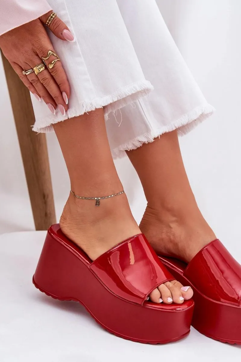 Lakierowane Klapki Damskie Na Platformie I Koturnie Czerwone Nellevia Damskie Klapki Na Koturnie|Klapki Na Platformie