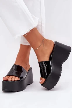 Hot Boto Lakierowane Klapki Damskie Na Platformie I Koturnie Czarne Nellevia