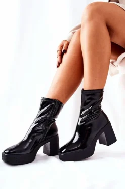 New Lakierowane Kozaki Botki Na Słupku Czarne Myrialla Damskie Kozaki Na Obcasie|Botki Na Słupku