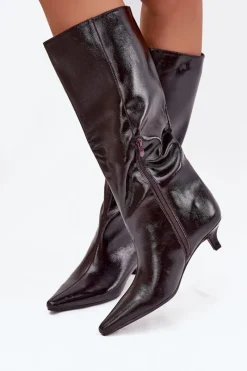 Kozaki Ocieplane|Kozaki Na Szpilce></noscript>Boto Lakierowane Kozaki Damskie Na Niskim Obcasie Bordowe Mireva