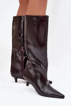 Kozaki Ocieplane|Kozaki Na Szpilce></noscript>Boto Lakierowane Kozaki Damskie Na Niskim Obcasie Bordowe Mireva