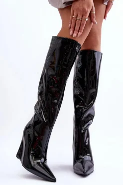 Kozaki Na Koturnie|Kozaki Przed Kolano>Boto Lakierowane Kozaki Na Koturnie Czarne Delinn Czarny