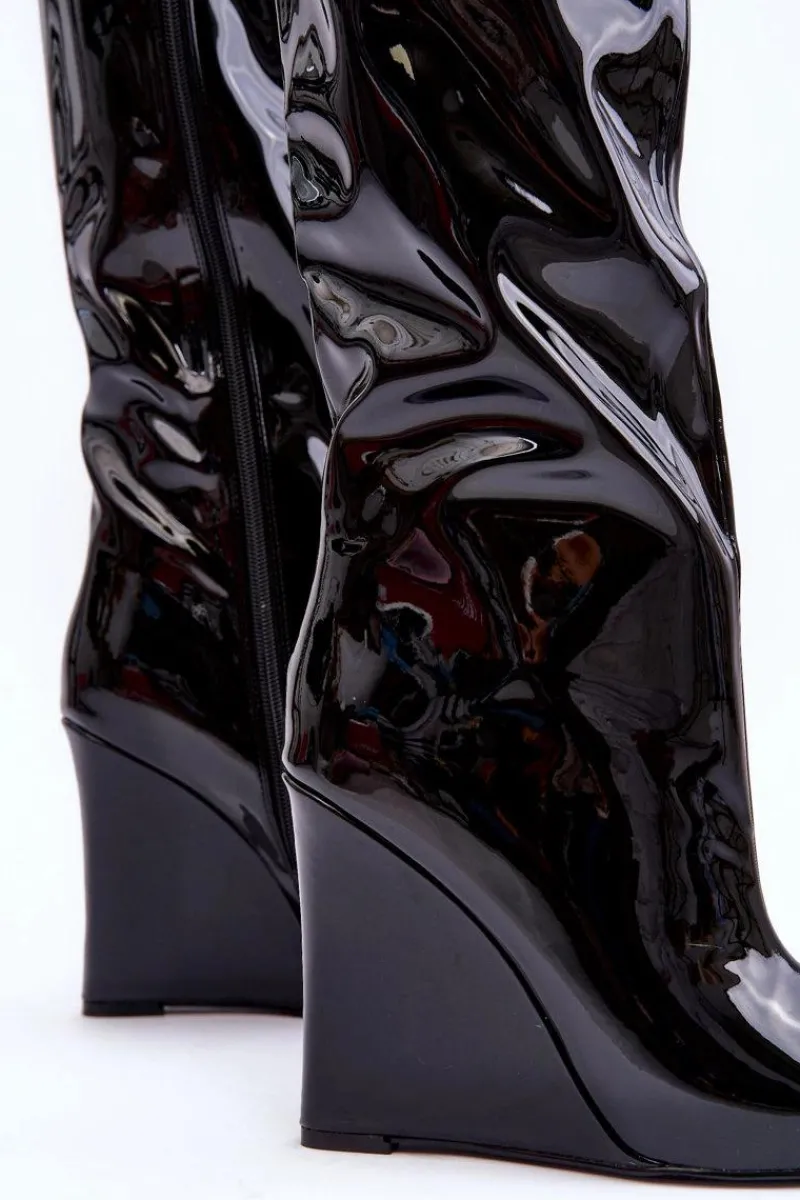 Kozaki Na Koturnie|Kozaki Przed Kolano>Boto Lakierowane Kozaki Na Koturnie Czarne Delinn Czarny