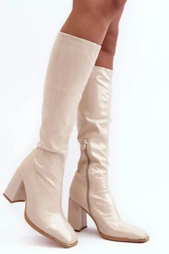 Kozaki Przed Kolano|Kozaki Na Obcasie>Boto Lakierowane Kozaki Na Słupku Przed Kolano Beżowe Mlokva